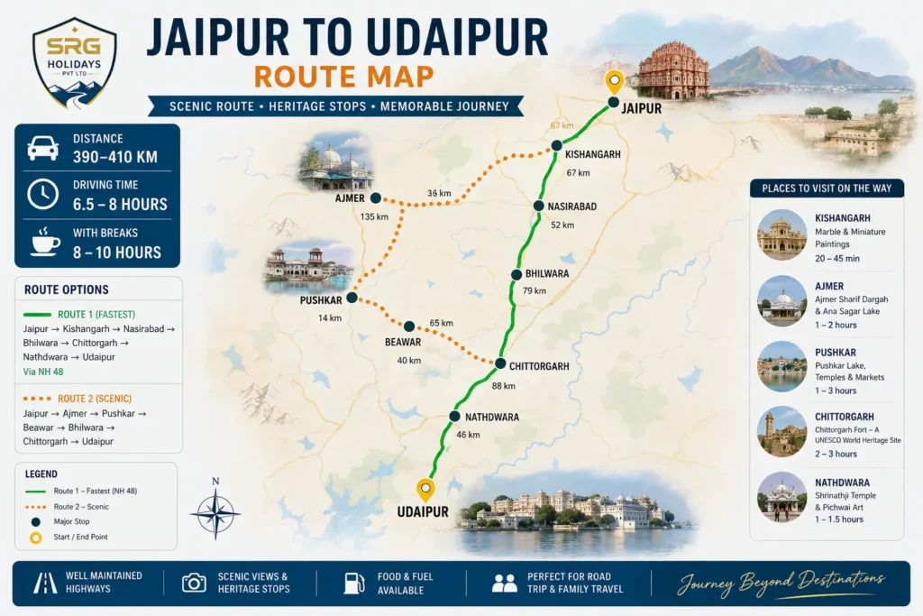 Jaipur to Udaipur Map